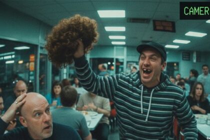 Thief stealing the toupee off a bald man's head inside of a restaurant.