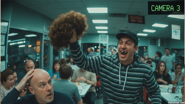 Thief stealing the toupee off a bald man's head inside of a restaurant.