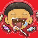 Cartoon Chinese boy with rotten teeth eating candy.