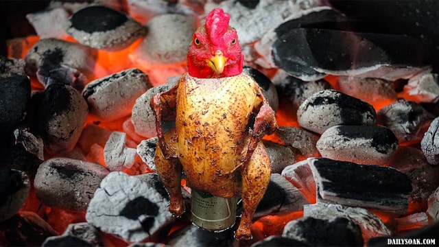 Funny satire showing a roasted chicken with live chicken head in oven.