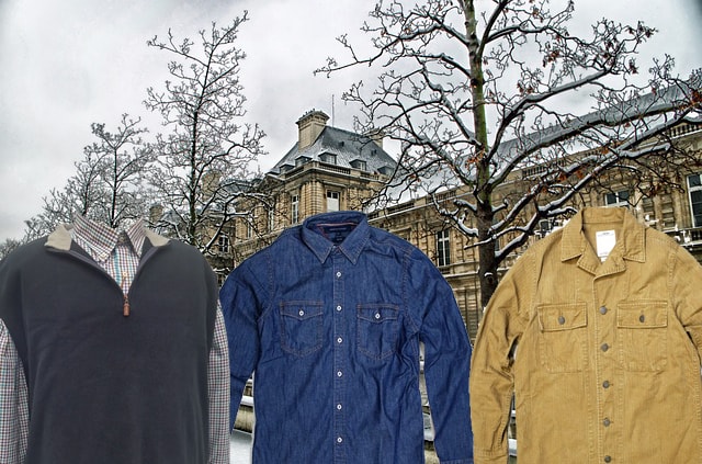 Funny satire photo with three empty shirts standing in front of Eiffel Tower in Paris France.