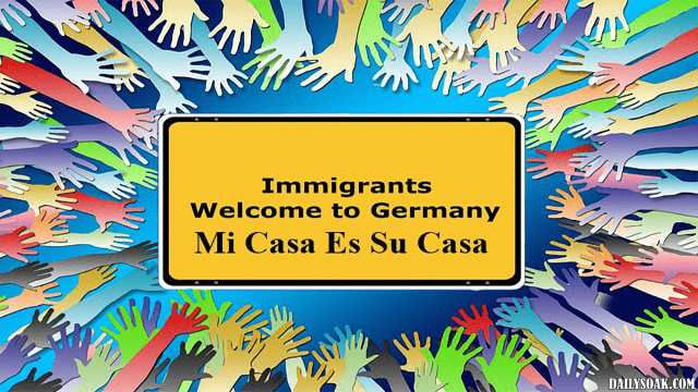 Numerous multi-colored hands reaching toward a sign.