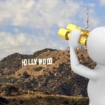 Cartoon man with gold binoculars looking at Hollywood sign.