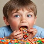 Young boy with rotten teeth eating candy.