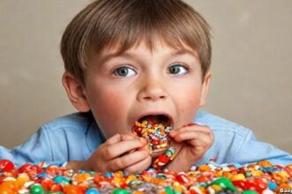 Young boy with rotten teeth eating candy.