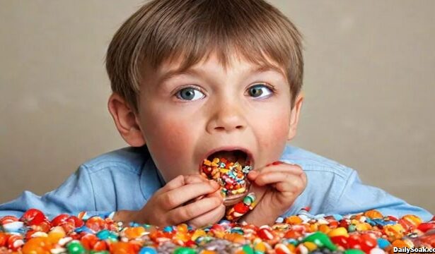 Young boy with rotten teeth eating candy.