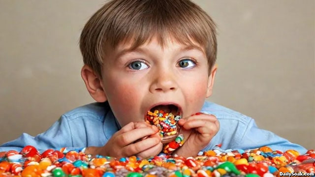 Young boy with rotten teeth eating candy.