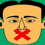 Cartoon white man with a large red X over his mouth.