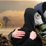 Man and woman wearing gas masks in a nuclear smoke area.