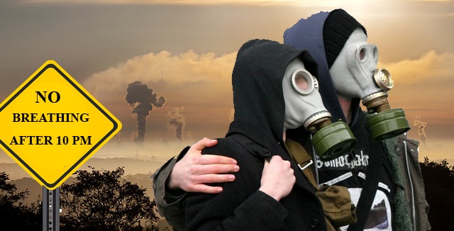 Man and woman wearing gas masks in a nuclear smoke area.