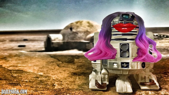 Funny satire Star Wars parody photo of R2D2 dressed in drag.