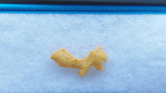 Squirrel-shaped corn chip sitting on a white blanket.