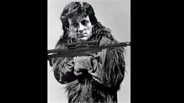 Parody of Rambo with Sylvester Stallone dressed up as Cowardly Lion from The Wizard of Oz.