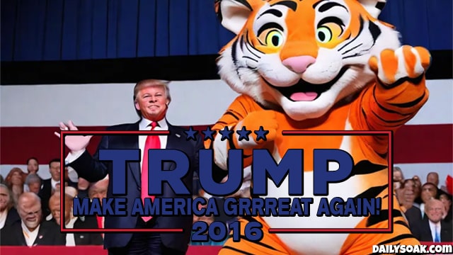 Donald Trump with Tony the Tiger on stage at a Trump rally.
