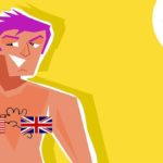 Cartoon naked man with American flag and British flag on his nipples.