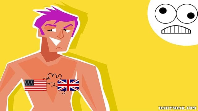 Cartoon naked man with American flag and British flag on his nipples.