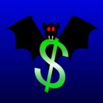 Cartoon of a black vampire bat biting a dollar bill sign.