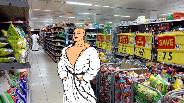 Cartoon man in bathrobe inside of Walmart.