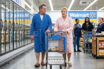 Woman and man in bathrobe inside of Walmart.