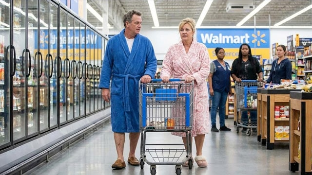 Woman and man in bathrobe inside of Walmart.