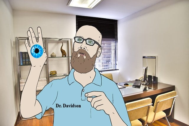 Cartoon doctor with eyeball on palm hypnotizing someone.