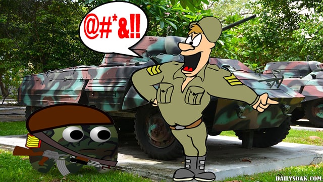 Cartoon US army drill sergeant yelling at cartoon army Pac-man.