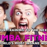 Three crazy looking women working out inside fitness class.