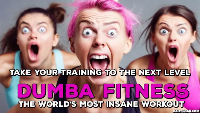Three crazy looking women working out inside fitness class.