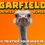 Parody of Garfield the cat with ostrich as Garfield.