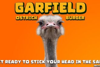 Parody of Garfield the cat with ostrich as Garfield.