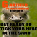 Parody of Garfield the cat with ostrich as Garfield.