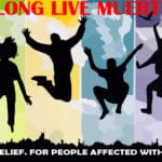 Silhouettes of happy people jumping up and down on beach.