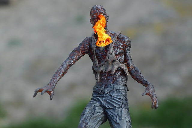 Burnt zombie set on fire.