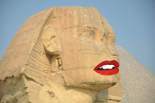 Parody Egyption pyramid with big red lips.