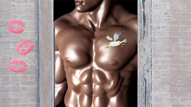 Male bodybuilder with seagull tattoo on his chest.