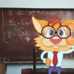 Cartoon cat with glasses and shirt and tie in a classroom.