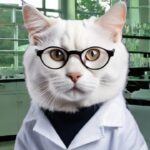 Cat with glasses and shirt and tie in a classroom.