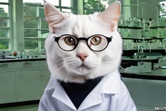 Cat with glasses and shirt and tie in a classroom.