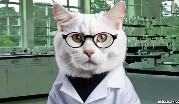 Cat with glasses and shirt and tie in a classroom.