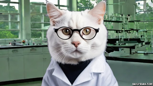 Cat with glasses and shirt and tie in a classroom.