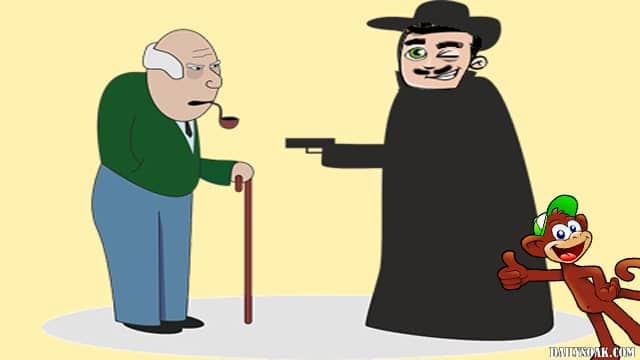 Funny cartoon of man in black cape robbing old white man wearing green sweater.