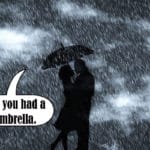 Cartoon man and woman under umbrella in rain.