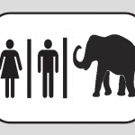 Bathroom sign with man, woman, and elephant symbols.