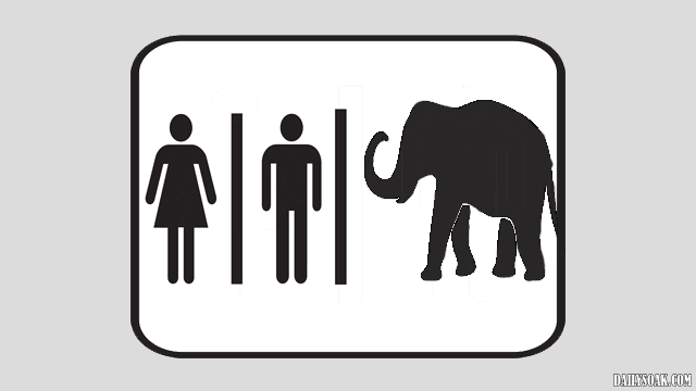 Bathroom sign with man, woman, and elephant symbols.