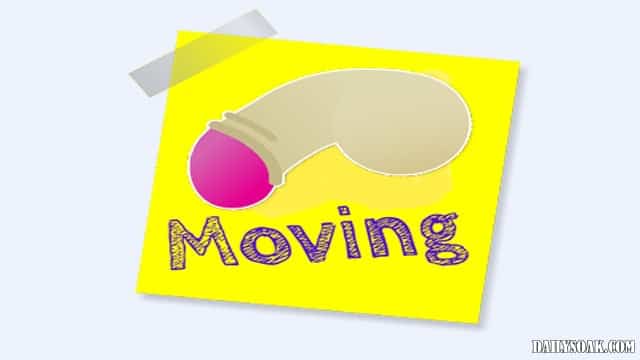 Post-it of a cartoon penis with word "moving" under it.