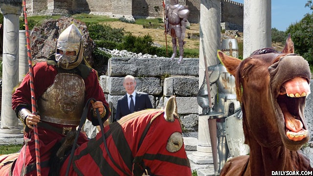 Vladimir Putin watching the knights fighting during the Crusades.