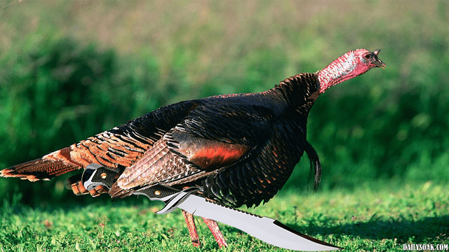 Funny turkey holding a knife.
