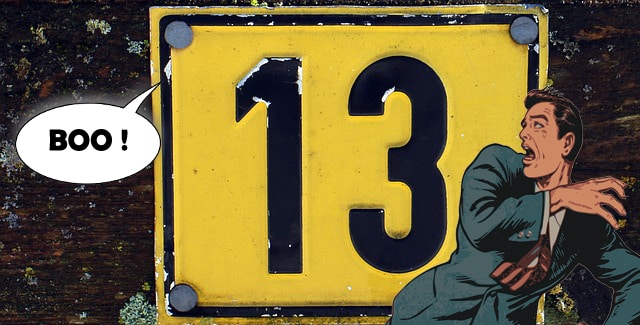 Cartoon man in front of yellow number 13.