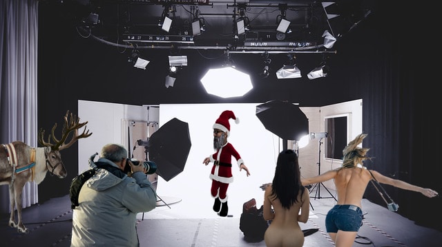 Skinny Santa Claus in studio getting photos taken.