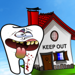 Large white cartoon tooth with blood on it in front of house.